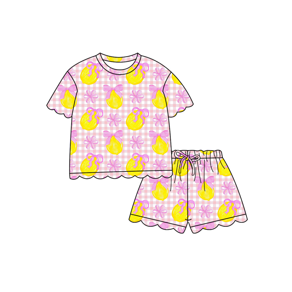 Pink plaid bow lemon scallop top shorts girls summer outfit