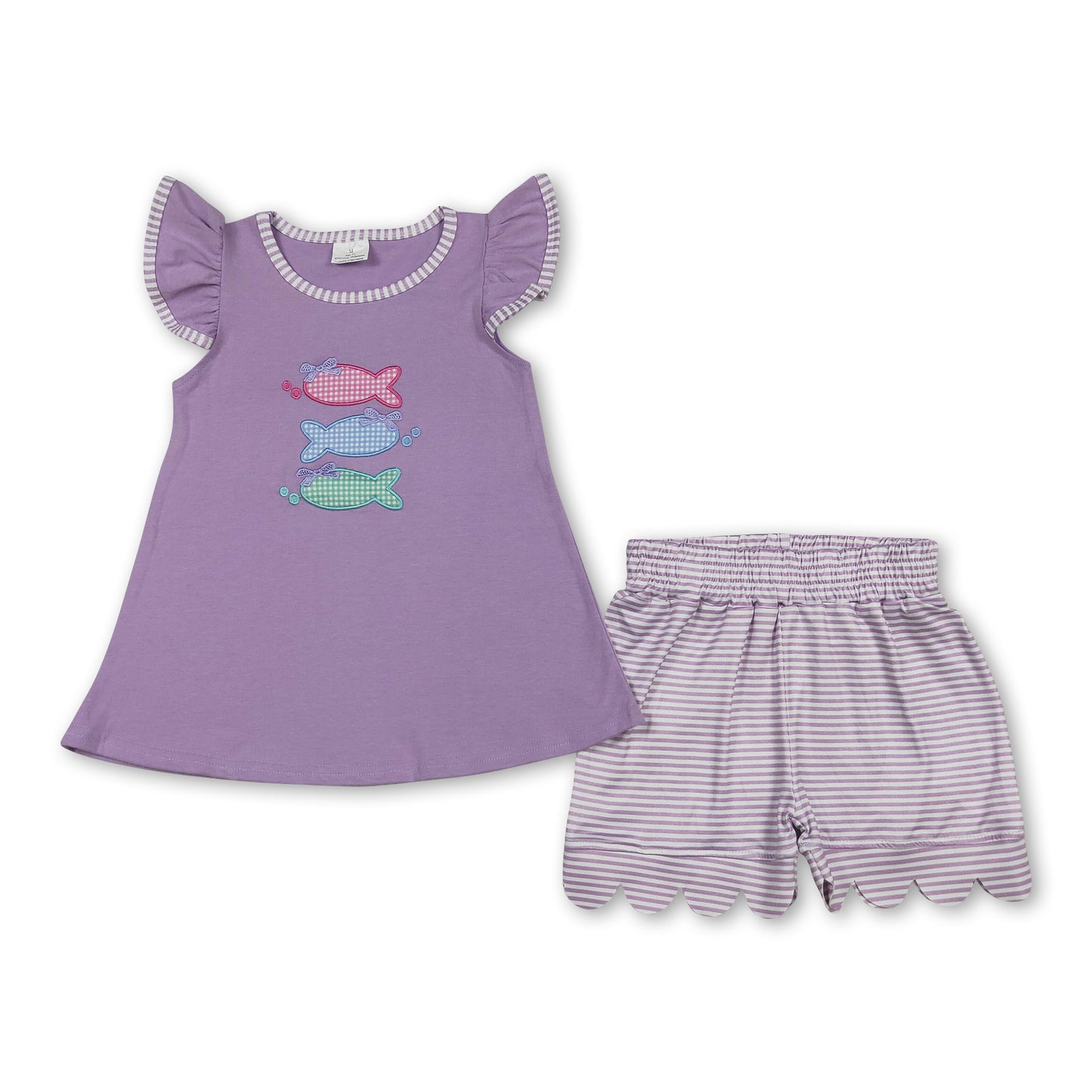 Flutter sleeves fish bow top scallop shorts girls outfits