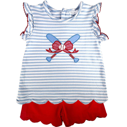 Baseball bow scallop top shorts girls summer outfit