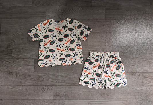 Short sleeves crocodile bow scallop girls team outfits