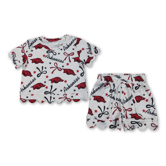 Short sleeves hogs bow scallop girls team outfits