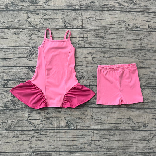 Straps pink patchwork athletic dress shorts girls active set