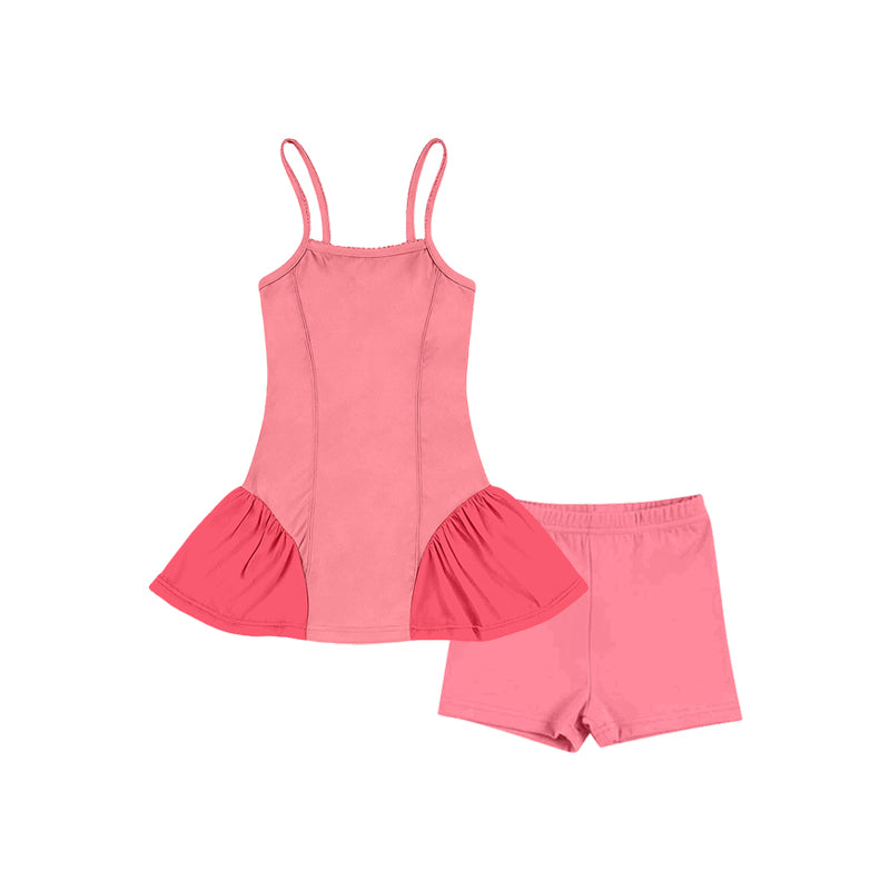 Straps solid patchwork athletic dress shorts girls active set