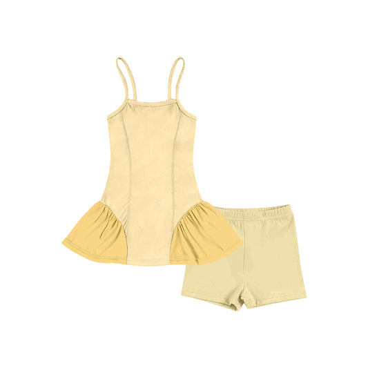 Straps yellow patchwork athletic dress shorts girls active set
