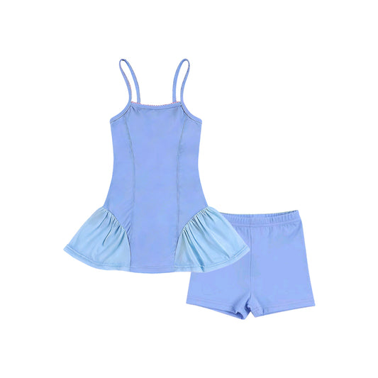 Straps light blue patchwork athletic dress shorts girls active set