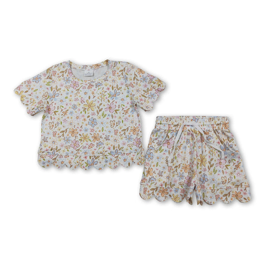 Short sleeves yellow floral scallop kids girls summer outfits