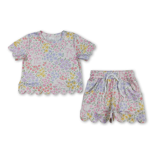 Short sleeves pink bow floral scallop kids girls summer outfits
