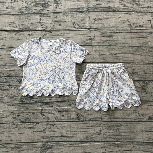 Short sleeves scallop white floral toddler girls summer set