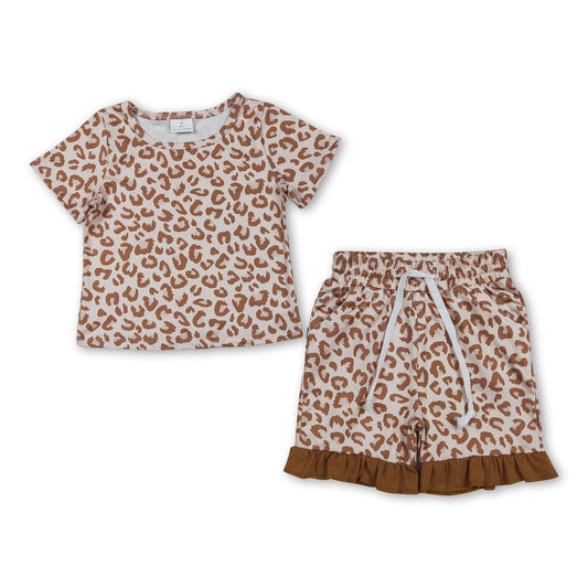 Short sleeves leopard top ruffle shorts girls outfits