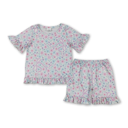 Short sleeves floral bow ruffle top shorts girls outfits