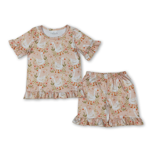 Ruffle short sleeves goose top shorts girl soutfits