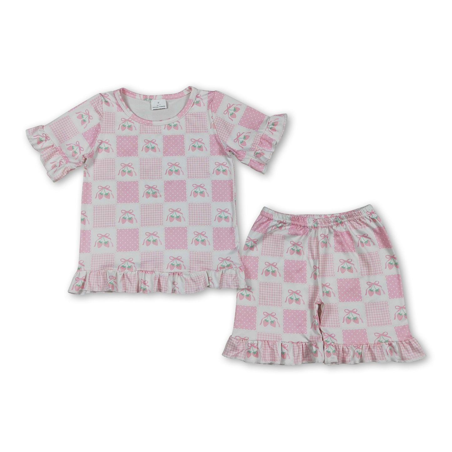 Short sleeves pink bow strawberry kids girls outfits