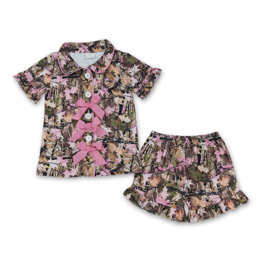 Short sleeves pink bow camo girls button down pajamas set