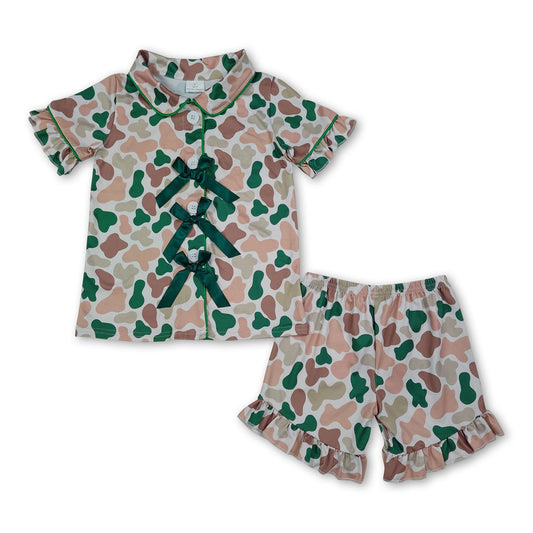 Short sleeves dark green bow camo girls button down pajamas set