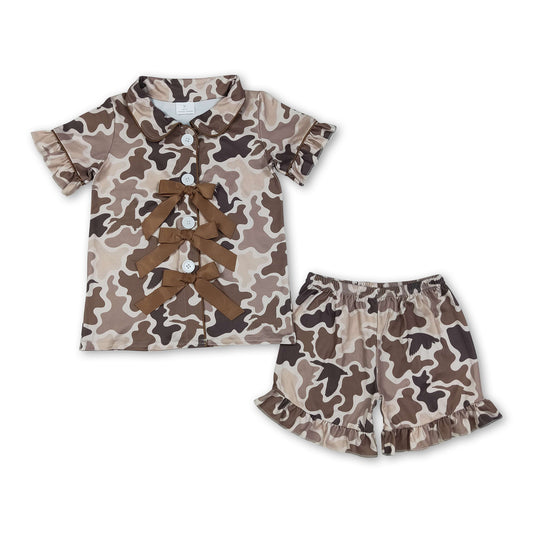 Short sleeves khaki bow camo girls button down pajamas set