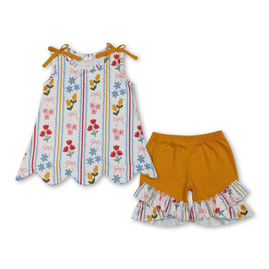 Sleeveless floral bow scallop top orange shorts girls outfits