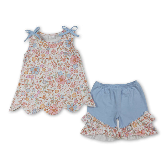 Sleeveless floral scallop top shorts girls outfits