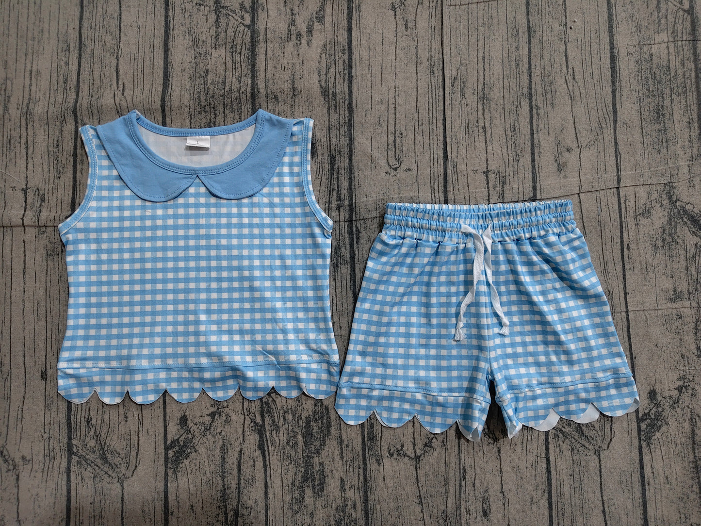 Sleeveless light blue plaid scallop top shorts girls outfits
