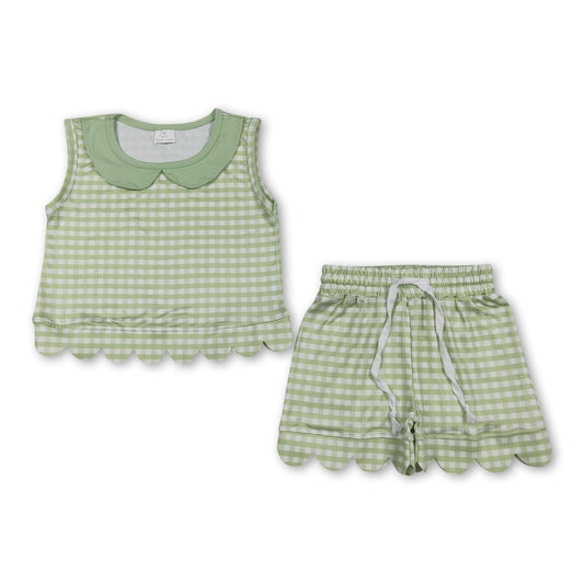 Sleeveless green plaid scallop top shorts girls outfits