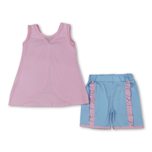Sleeveless bow pink tunic light blue shorts girls summer outfits