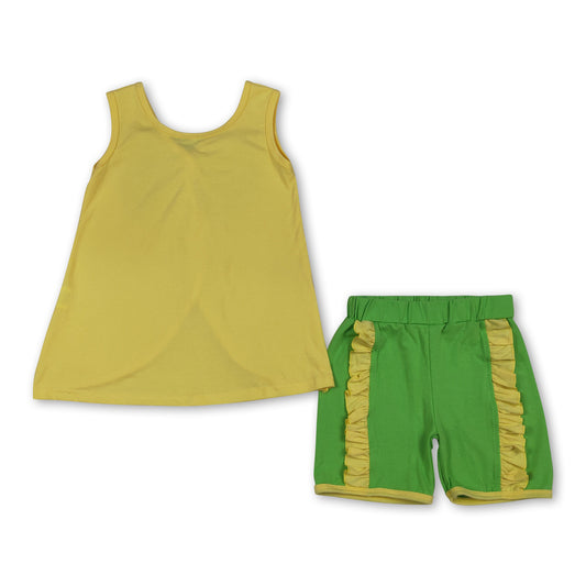 Sleeveless bow yellow purple blue shorts girls summer outfits