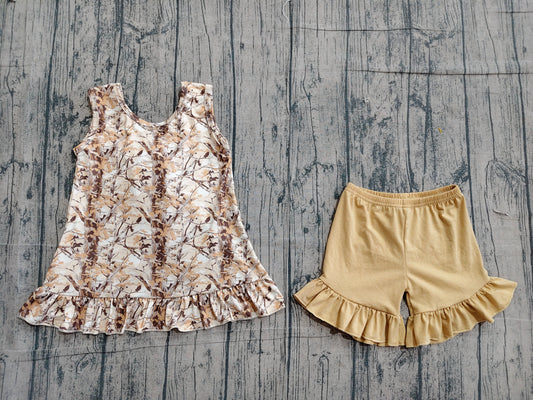 Sleeveless leaves camo top ruffle shorts girls outfits
