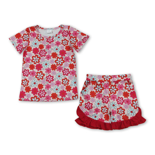 Short sleeves floral top red ruffle shorts girls outfits