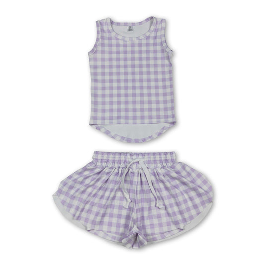 Sleeveless lavender plaid top shorts girls active wear set