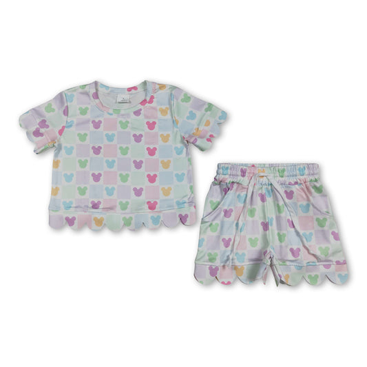 Short sleeves colorful plaid mouse scallop top shorts girls outfits