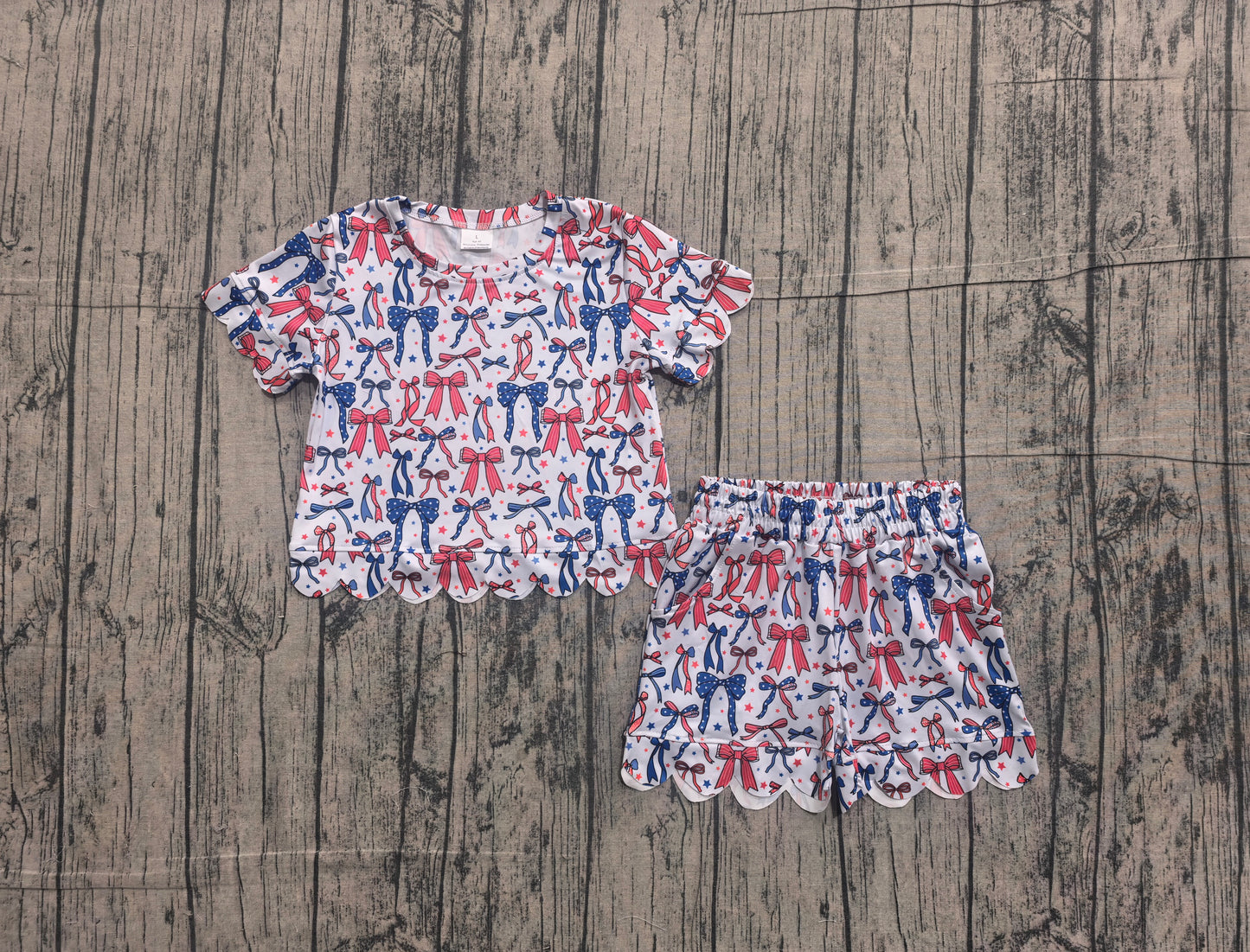 Short sleeves red blue bow scallop girls 4th of july outfits