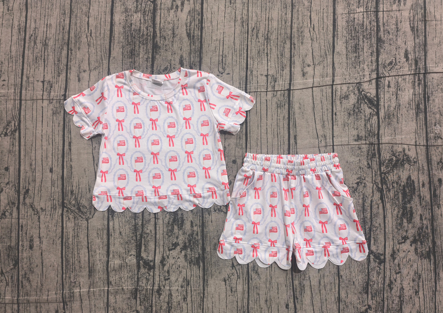 Short sleeves flag bow scallop girls 4th of july outfits