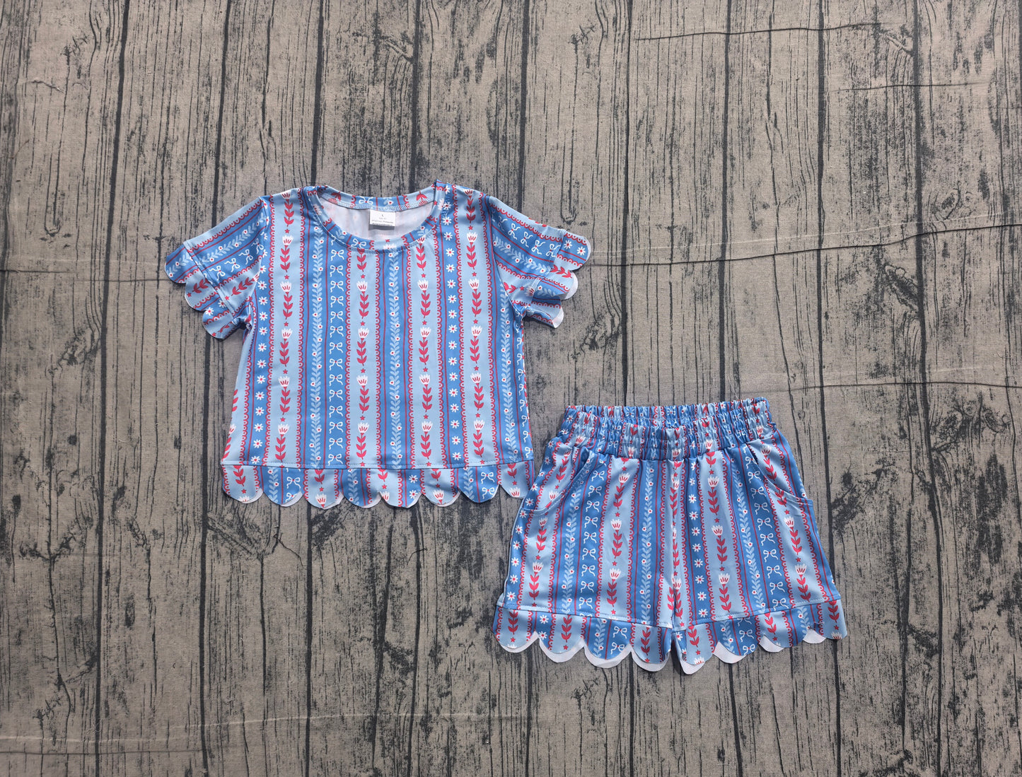 Short sleeves scallop blue floral bow girls summer clothes