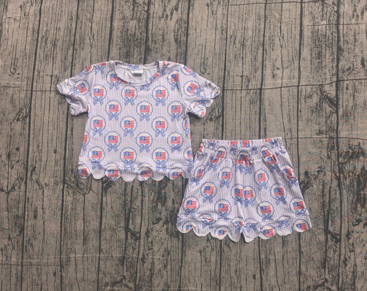 Stripe flag bow scallop kids girls 4th of july outfits