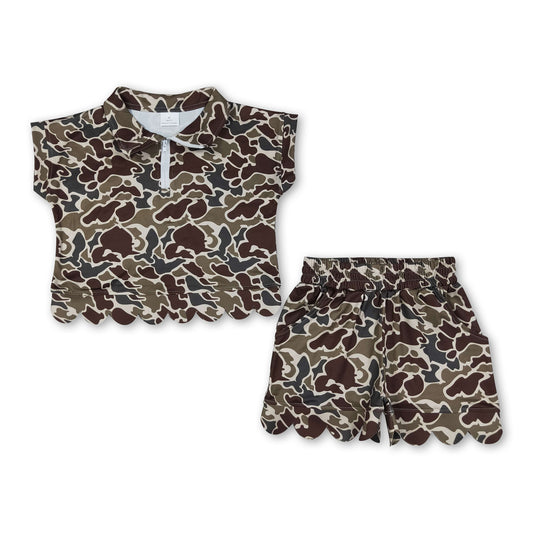 Dark brown camo scallop pullover shorts girls outfits