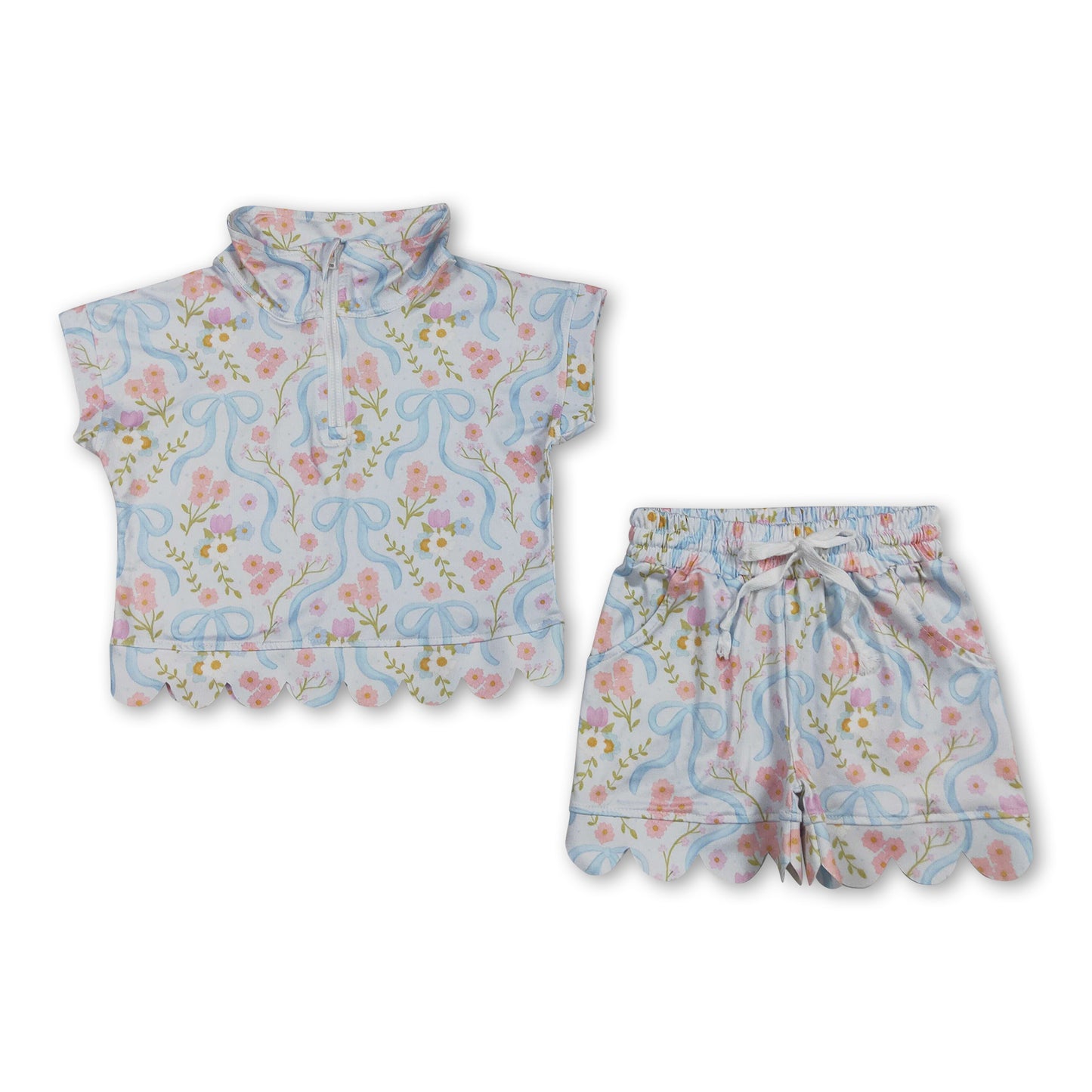 Short sleeves floral bow scallop pullover shorts girls outfits