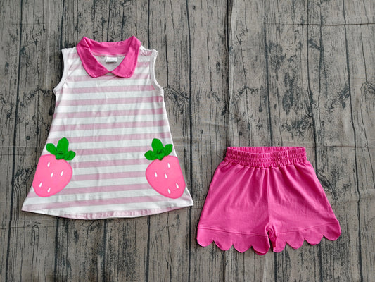 Pink stripe strawberry embroidery scallop girls outfits