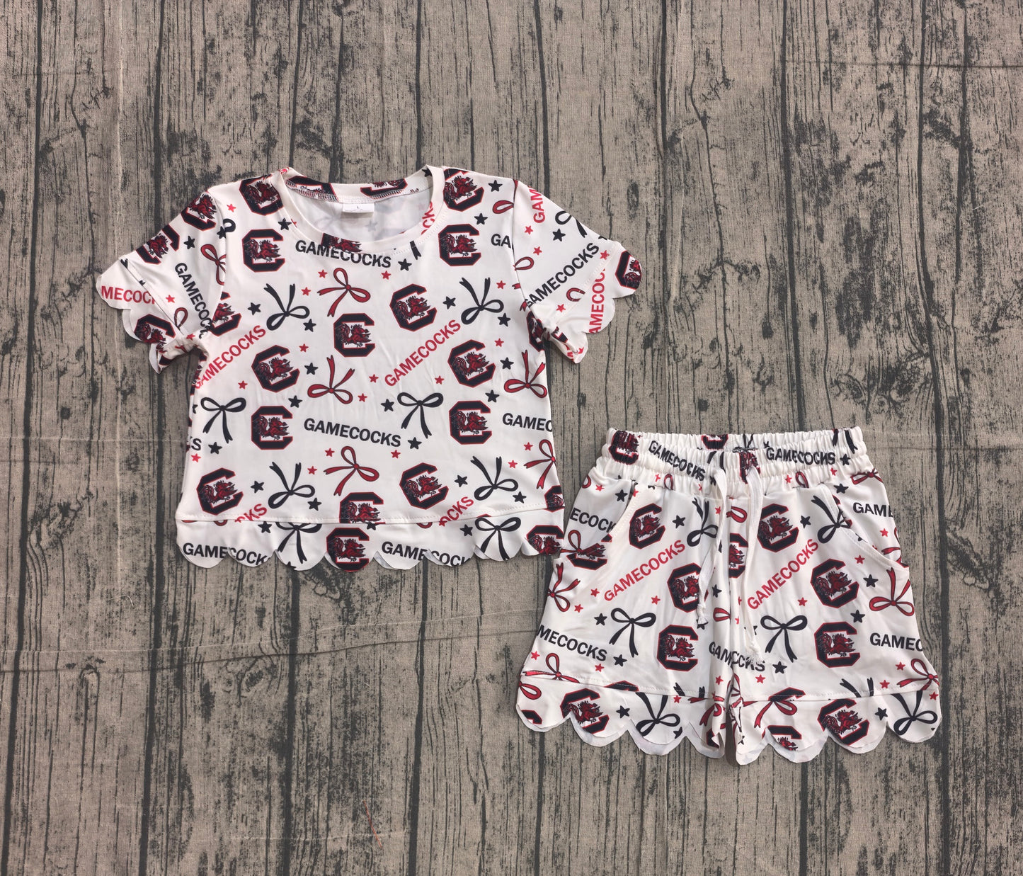 Short sleeves scallop bow C kids girls team outfits