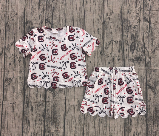 Short sleeves scallop bow C kids girls team outfits