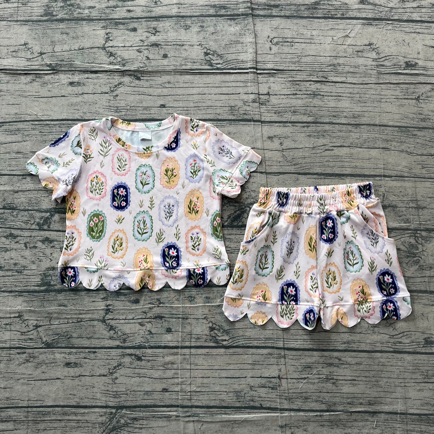 Short sleeves scallop floral toddler girls summer clothes