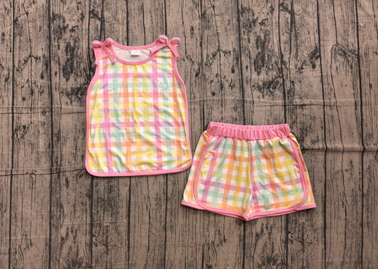 Sleeveless colorful plaid top shorts girls summer outfits