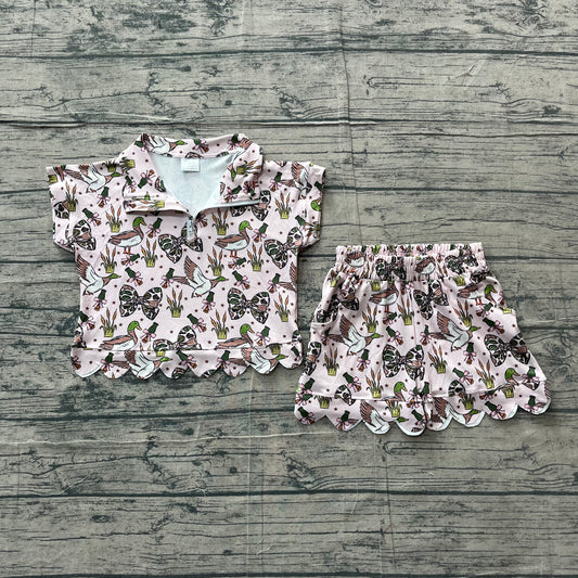 Short sleeves scallop duck camo bow girls summer clothes