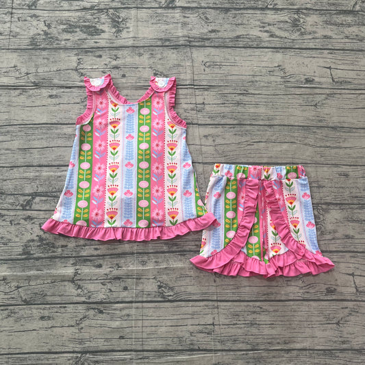 Sleeveless pink ruffle floral top shorts girls summer set