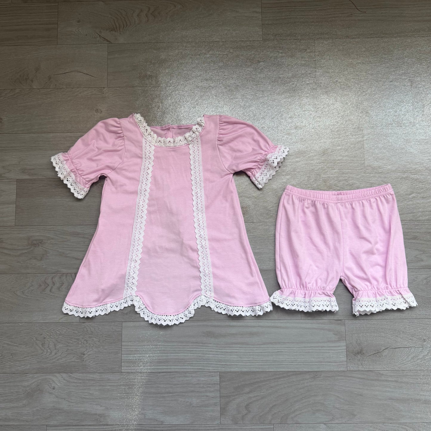 Short sleeves pink cotton lace top shorts girls summer outfits