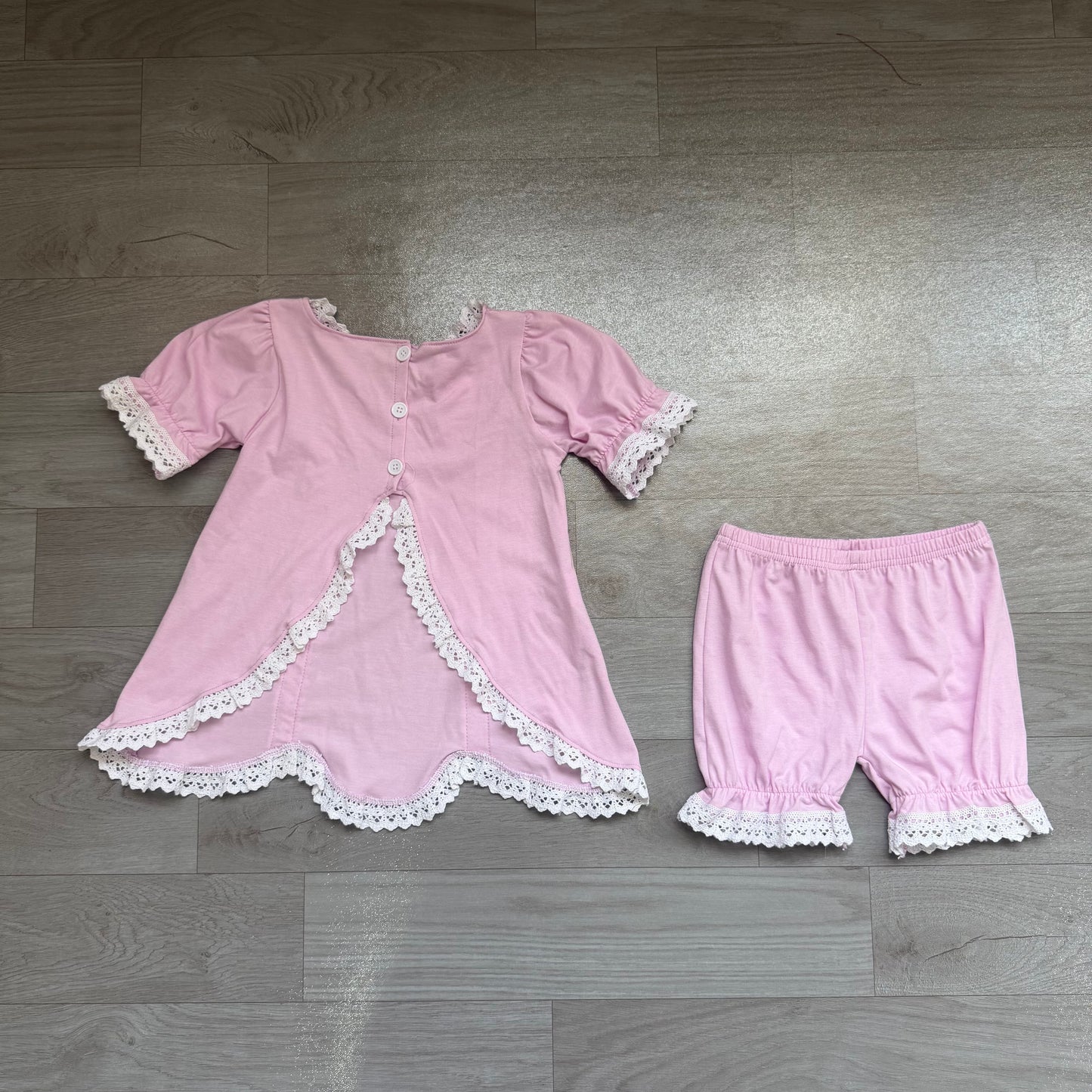 Short sleeves pink cotton lace top shorts girls summer outfits