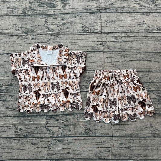 Short sleeves scallop gold bow girls summer clothes