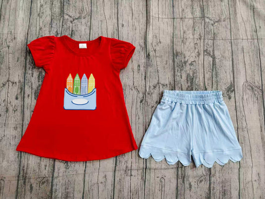 Red crayon top scallop shorts girls back to school outfits