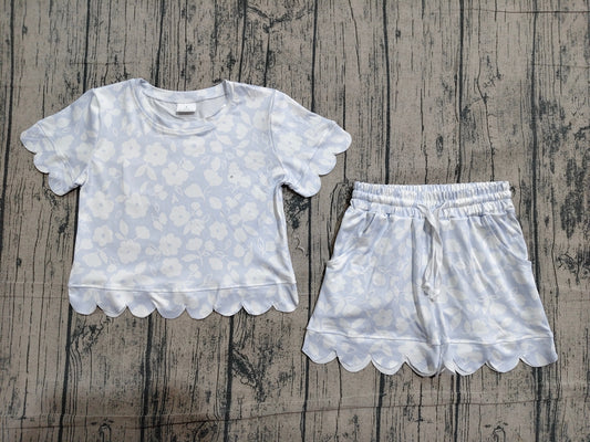 Short sleeves floral scallop pullover shorts girls outfits