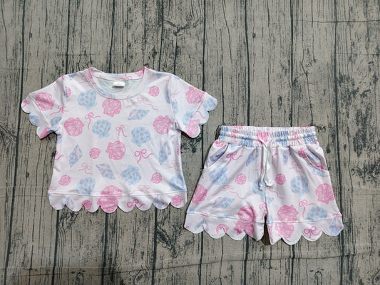 Short sleeves scallop shell bow girls summer outfits