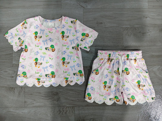 Short sleeves scallop duck floral bow girls summer clothes