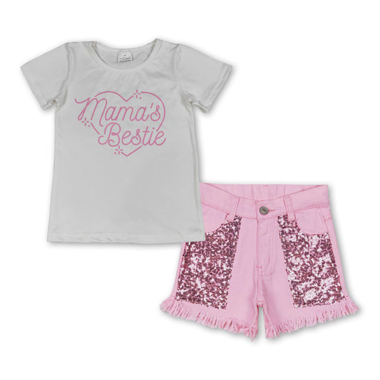 Mama's bestie heart top sequin denim shorts girls clothes
